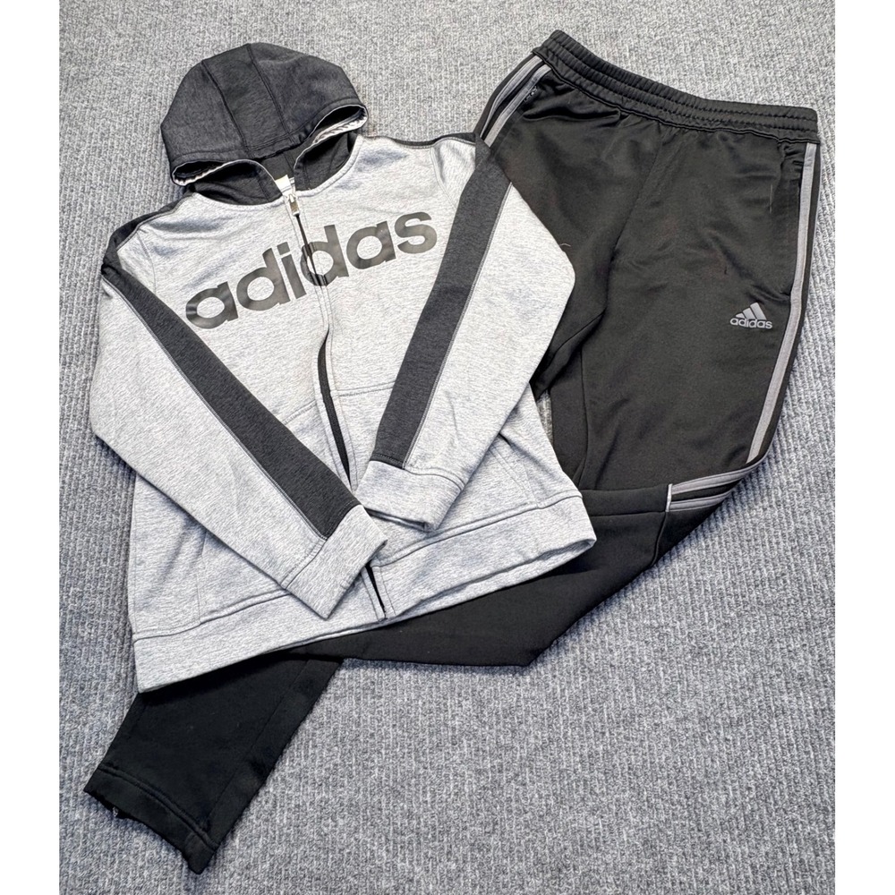 Adidas Kids Tracksuit Set Grey Full Zip Hoodie Black Track Pants Size L 14/16
